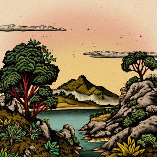 Inkstained Glasswork style, Midjourney V7: realistic landscape photograph of quiet dawn