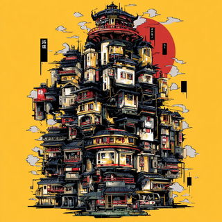 Kagehana Grandstand style, Midjourney V7: megacity with futuristic bioarchitecture