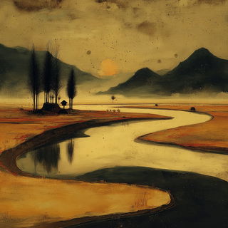 Mordant Pulpism style, Midjourney V7: realistic landscape photograph of quiet dawn