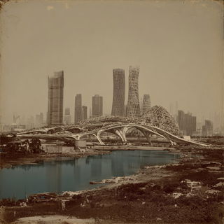 Albumen Surrealism style, Midjourney V7: megacity with futuristic bioarchitecture