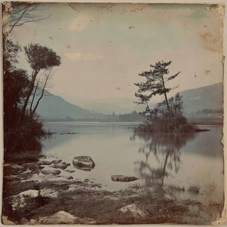 Albumen Surrealism style, Midjourney V7: realistic landscape photograph of quiet dawn