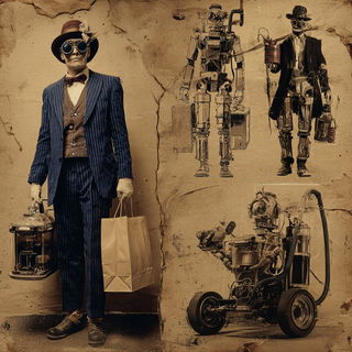Sepiatrek style, Midjourney V7: concept art character design of retropunk steam knight