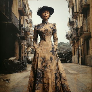 Sepiatrek style, Midjourney V7: haute-couture fashion outfit