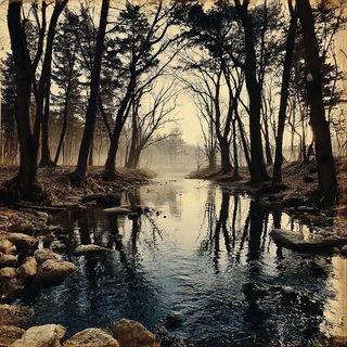 Sepiatrek style, Midjourney V7: realistic landscape photograph of quiet dawn