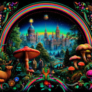 Rainbow Marquee Wilderness style, Midjourney V7: retro fairy-tale illustration