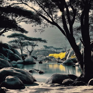Couturewild style, Midjourney V7: realistic landscape photograph of quiet dawn