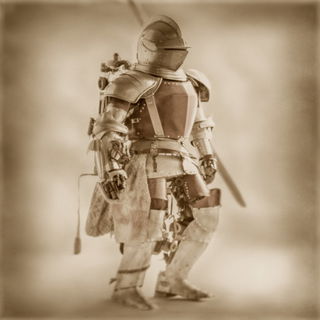 Caligo Antiqua style, Midjourney V7: concept art character design of retropunk steam knight