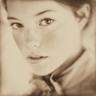 Caligo Antiqua style, Midjourney V7: photographic portrait of female protagonist