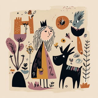 Petroglyphoop style, Midjourney V7: retro fairy-tale illustration