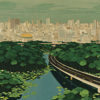 Reed Kiln Almanac style, Midjourney V7: megacity with futuristic bioarchitecture