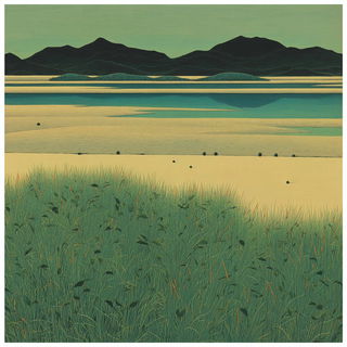 Reed Kiln Almanac style, Midjourney V7: realistic landscape photograph of quiet dawn