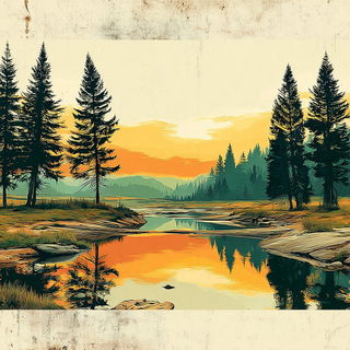 Leafgold Collagism style, Midjourney V7: realistic landscape photograph of quiet dawn