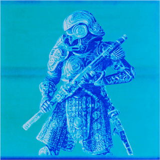 Cyanotype Biomorphics style, Midjourney V7: concept art character design of retropunk steam knight