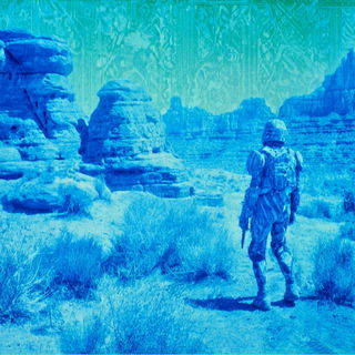 Cyanotype Biomorphics style, Midjourney V7: cinematic shot from sci-fi movie