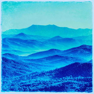 Cyanotype Biomorphics style, Midjourney V7: realistic landscape photograph of quiet dawn