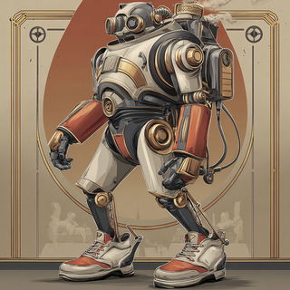 Decomosaica style, Midjourney V7: concept art character design of retropunk steam knight