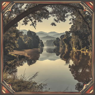 Decomosaica style, Midjourney V7: realistic landscape photograph of quiet dawn