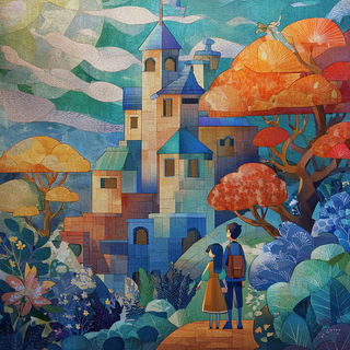 Balloonhaven Tableau style, Midjourney V7: retro fairy-tale illustration