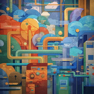 Balloonhaven Tableau style, Midjourney V7: technical infrastructure blueprint schematics