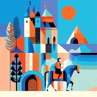 Cyan Cap Geometry style, Midjourney V7: retro fairy-tale illustration