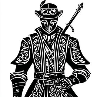 Blackletter Linocurve style, Midjourney V7: concept art character design of retropunk steam knight