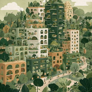 Merrybough Pageant style, Midjourney V7: megacity with futuristic bioarchitecture