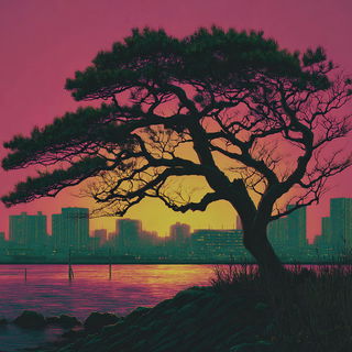 Dichroic Wirelands style, Midjourney V7: realistic landscape photograph of quiet dawn