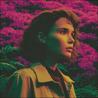 Dichroic Wirelands style, Midjourney V7: photographic portrait of female protagonist