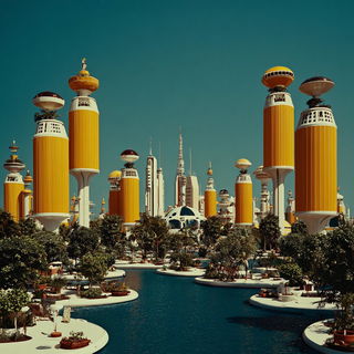 Caravan of Impossible Statues style, Midjourney V7: megacity with futuristic bioarchitecture