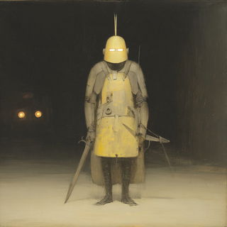 Cuehaze style, Midjourney V7: concept art character design of retropunk steam knight