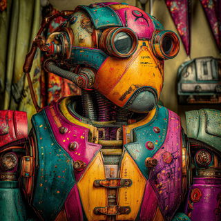 Cinematessera style, Midjourney V7: concept art character design of retropunk steam knight