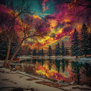 Cinematessera style, Midjourney V7: realistic landscape photograph of quiet dawn