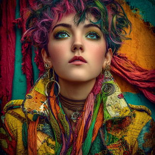 Cinematessera style, Midjourney V7: photographic portrait of female protagonist