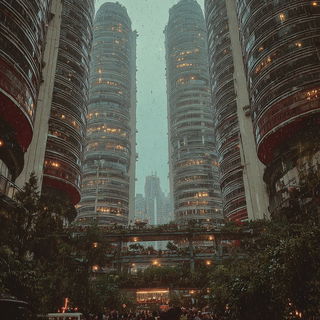 Colossogarden style, Midjourney V7: megacity with futuristic bioarchitecture