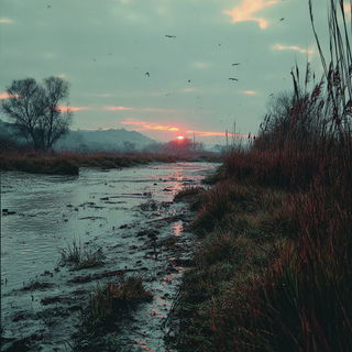 Colossogarden style, Midjourney V7: realistic landscape photograph of quiet dawn