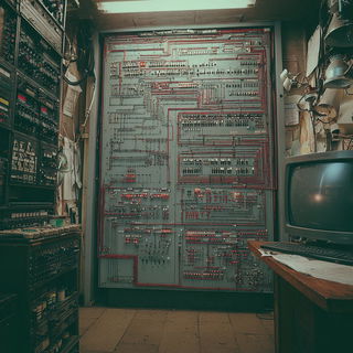 Colossogarden style, Midjourney V7: technical infrastructure blueprint schematics