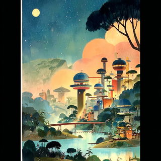 Sapphire Saucers style, Midjourney V7: megacity with futuristic bioarchitecture