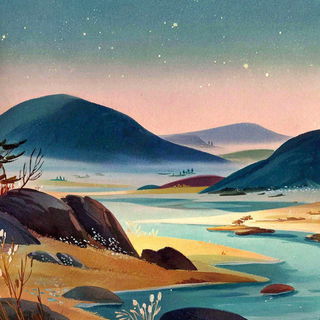 Sapphire Saucers style, Midjourney V7: realistic landscape photograph of quiet dawn