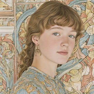 Botanical Nouveau style, Midjourney V7: photographic portrait of female protagonist
