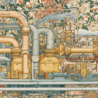 Botanical Nouveau style, Midjourney V7: technical infrastructure blueprint schematics