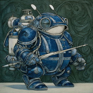 Heraldic Wildwoodism style, Midjourney V7: concept art character design of retropunk steam knight