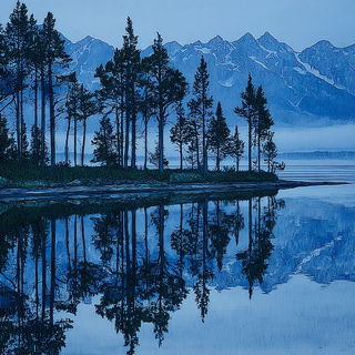 Heraldic Wildwoodism style, Midjourney V7: realistic landscape photograph of quiet dawn