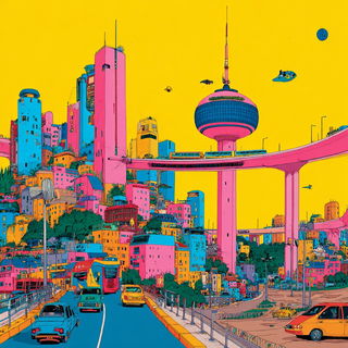 Flamingo Mechanodrama style, Midjourney V7: megacity with futuristic bioarchitecture