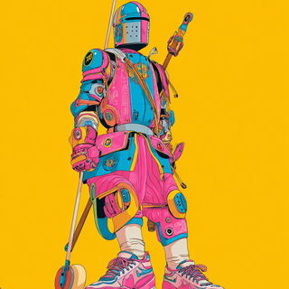 Flamingo Mechanodrama style, Midjourney V7: concept art character design of retropunk steam knight