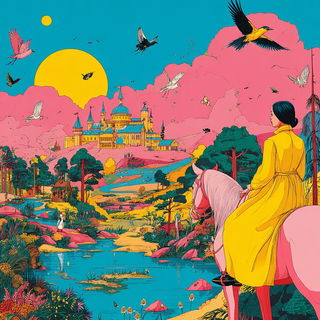 Flamingo Mechanodrama style, Midjourney V7: retro fairy-tale illustration