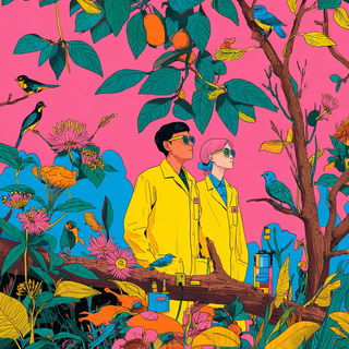 Flamingo Mechanodrama style, Midjourney V7: editorial illustration for popular scientific magazine cover