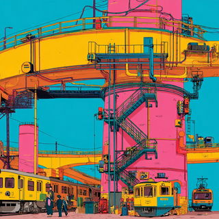 Flamingo Mechanodrama style, Midjourney V7: technical infrastructure blueprint schematics