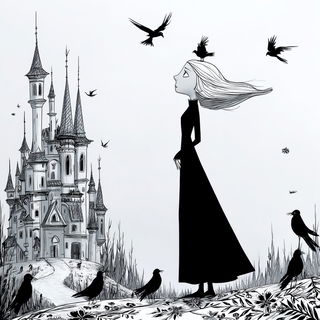 Blackwing Transit style, Midjourney V7: retro fairy-tale illustration