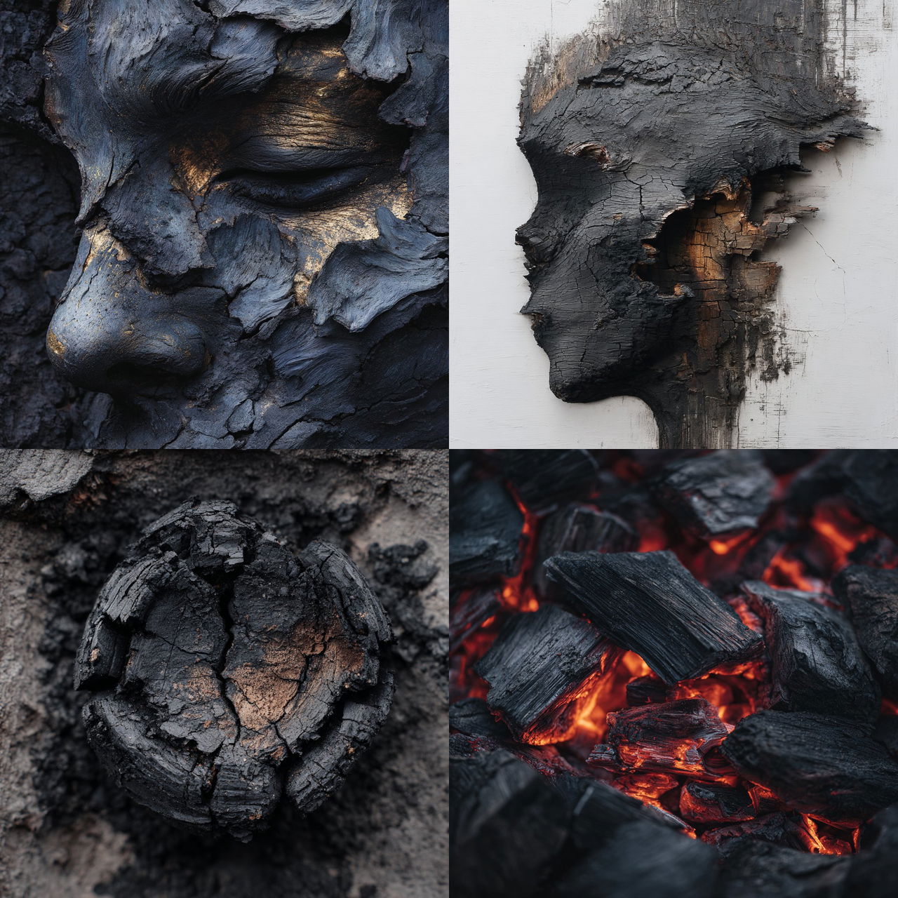 Charred style, Midjourney V7, render 1 of 4