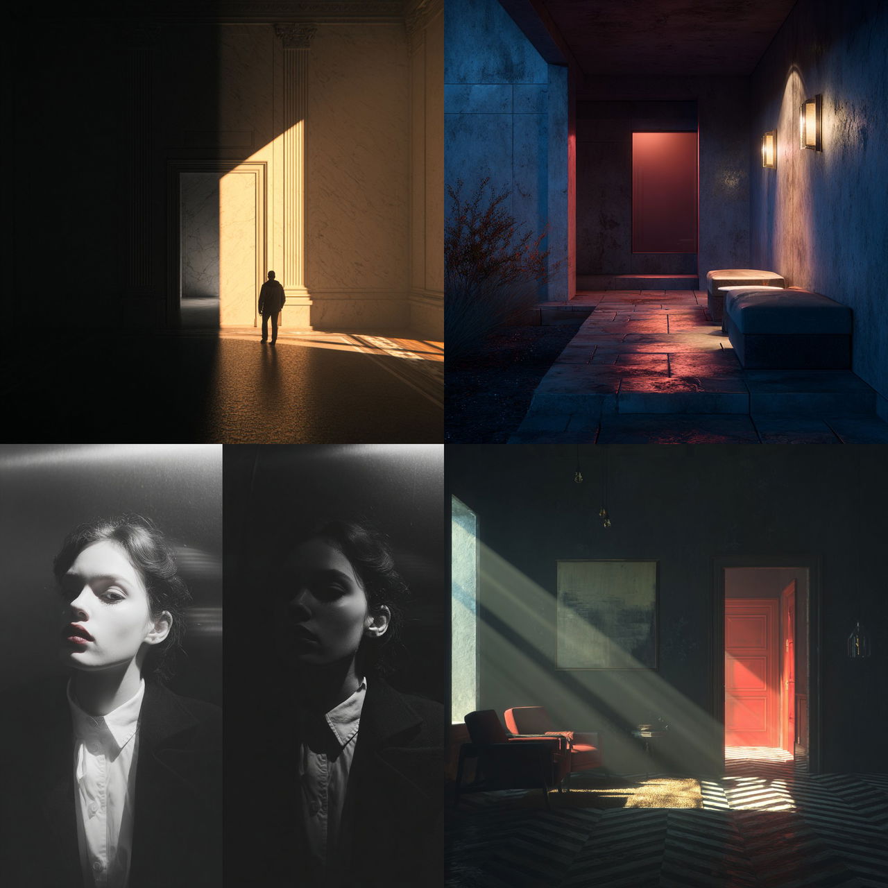 Contrasted lighting style, Midjourney V7, render 1 of 4